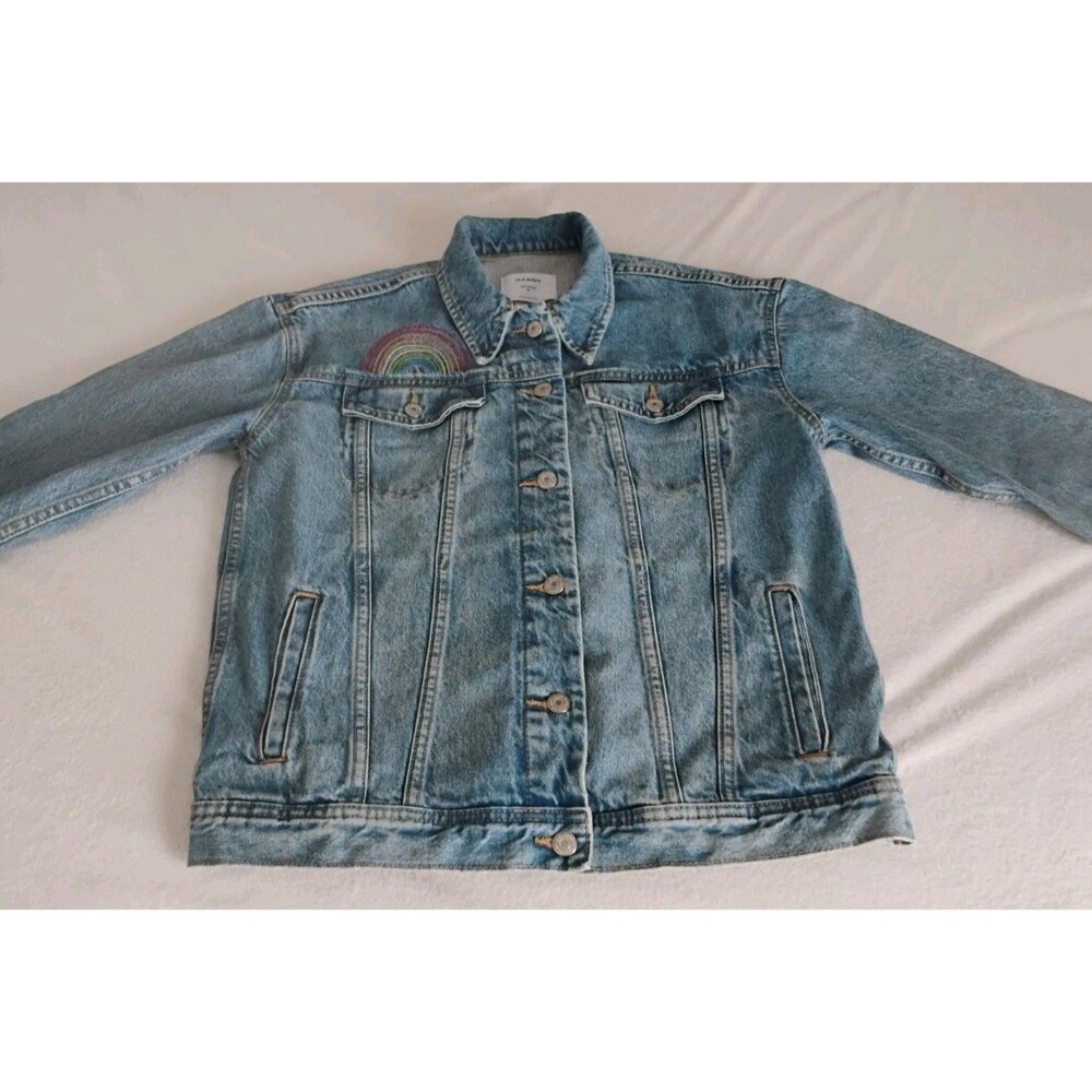 Old Navy Boyfriend Jean Jacket Women's  Rainbow Embroidered Denim Sz M EUC